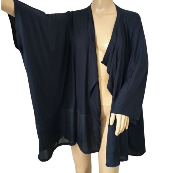Natori Other - Natori Kimono L Navy Blue Cardigan Dolman Batwing Sleeve Satin Trim Sheer Flowy